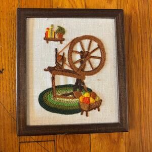Vintage Spinning Wheel Framed Crewel Art Framed